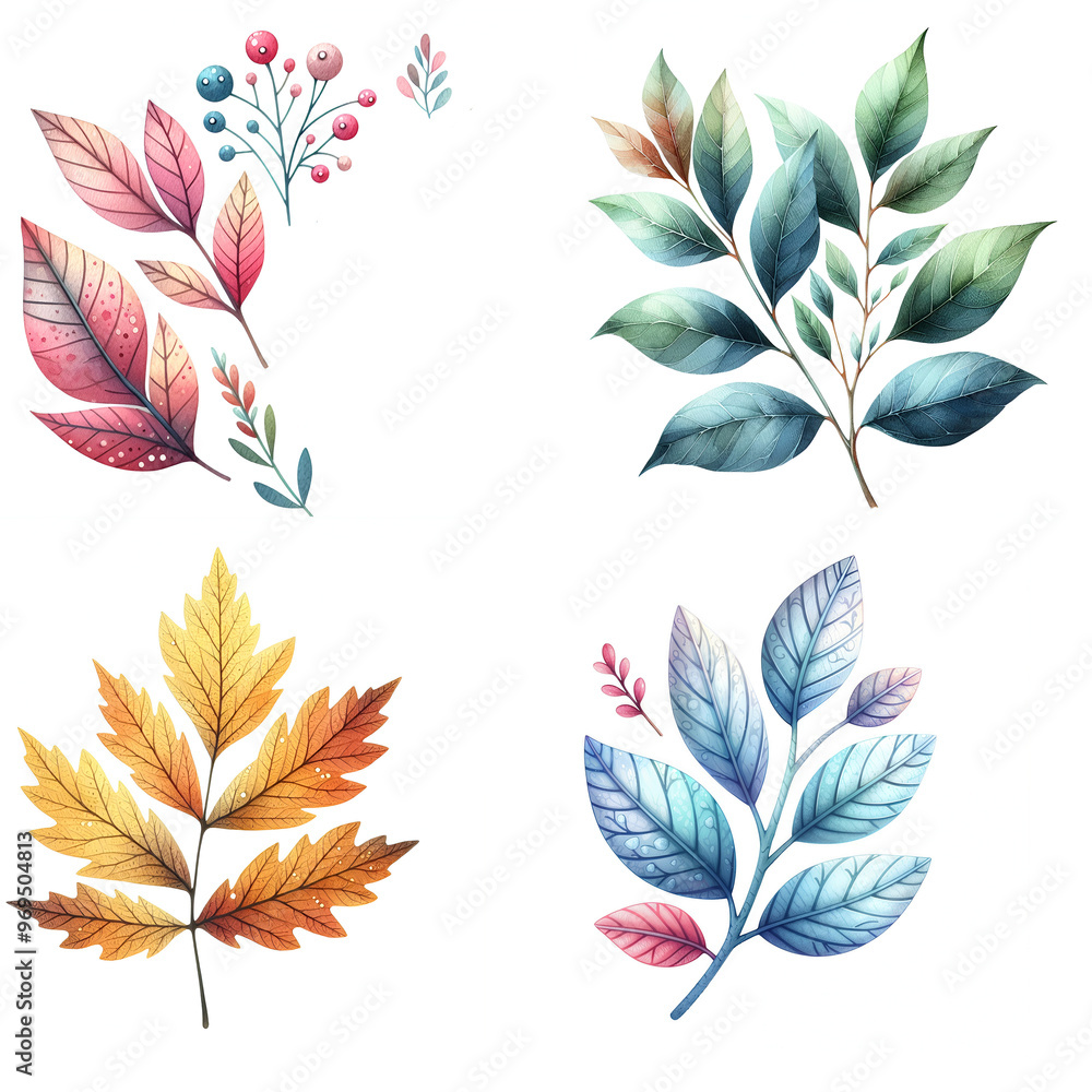 Poster Cute cartoon set of leaves on white background.AI