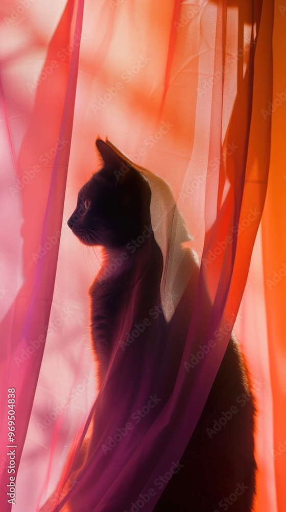 Canvas Prints Shadow of cat under the curtain animal mammal pink.