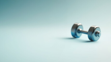 Minimalistic representation of a single metallic dumbbell placed on a light gradient background, embodying strength, fitness, and a healthy lifestyle Copy space