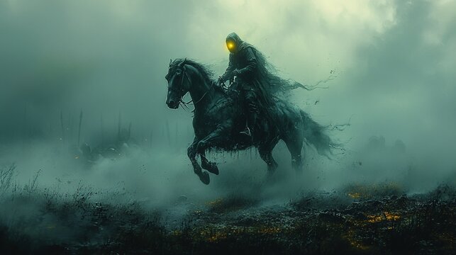 A glowing phantom horseman riding through an eerie, fog-shrouded battlefield.