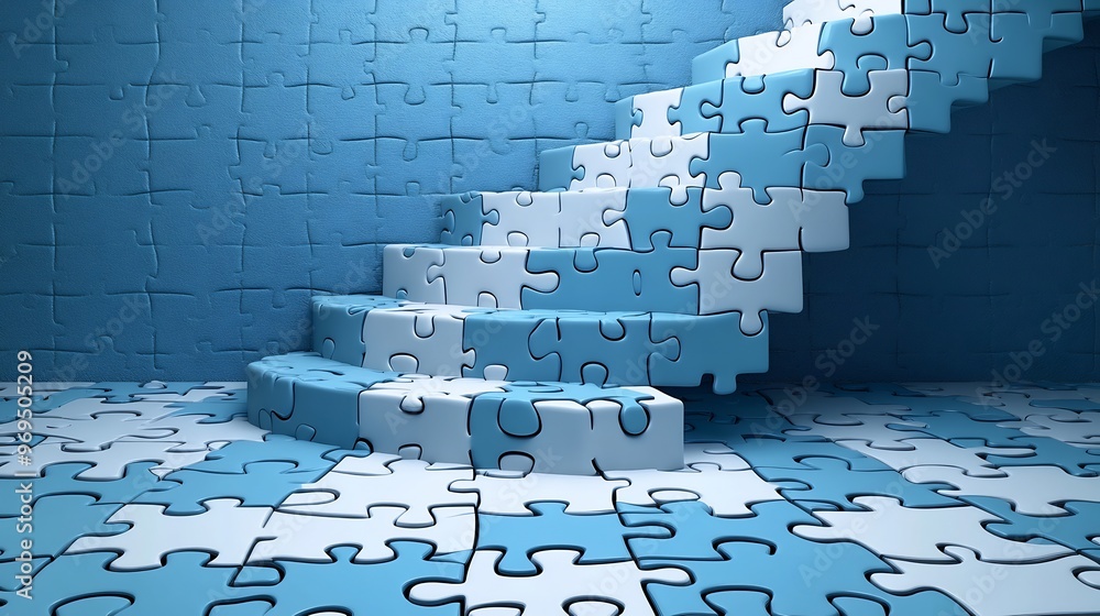 Poster vector design of a staircase made of puzzle pieces leading upward representing the stepbystep proces