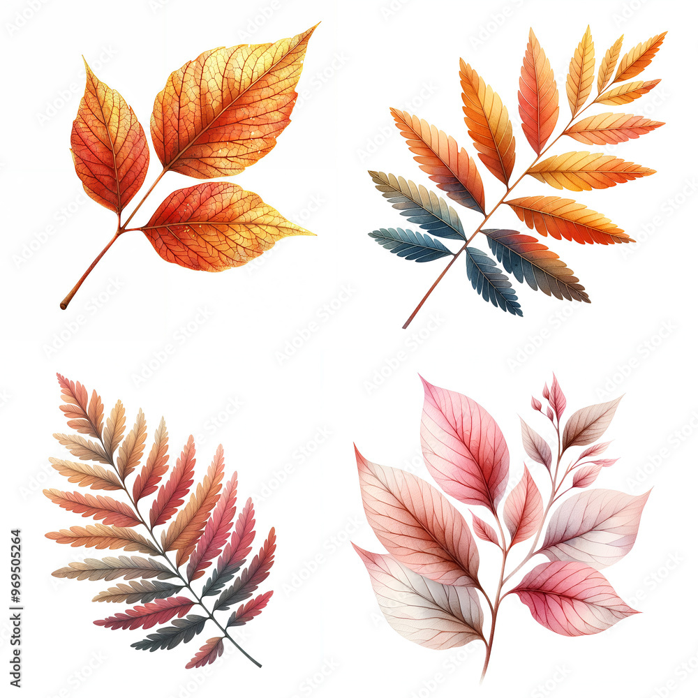 Wall mural Cute cartoon set of leaves on white background.AI