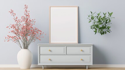 Retro chest of drawers showcasing a mock-up poster frame, surrounded by a hipster interior, featuring a stylish ambiance and ample free space for creativity.