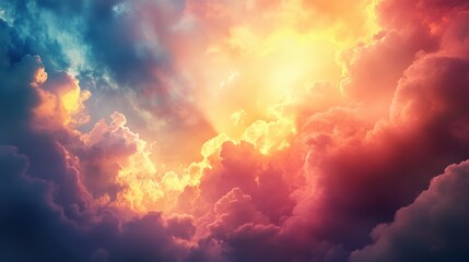 Fototapeta premium A dramatic sky at dawn with a burst of colors and rays of sunlight breaking through the dark, stormy clouds.