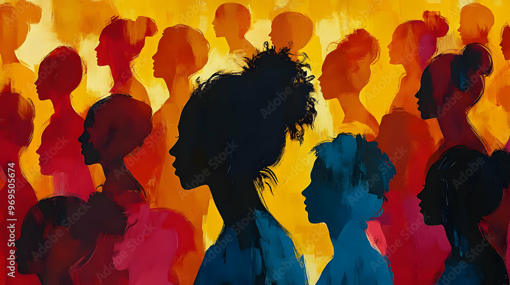 Poster silhouettes of diverse figures against a vibrant background, representing unity and identity.