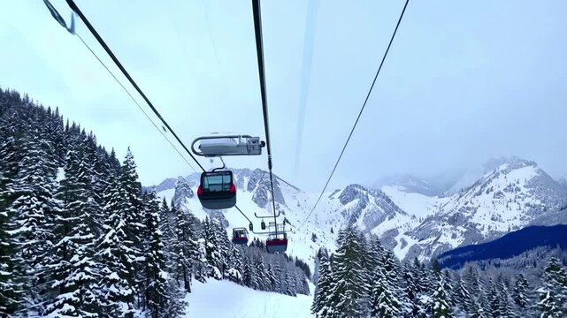 Cable car at winter ski resort. Beautiful view of mountains from cabin. Skiing and snowboarding. Fun winter leisure. Funicular lifts people up. Snowy coniferous forest.