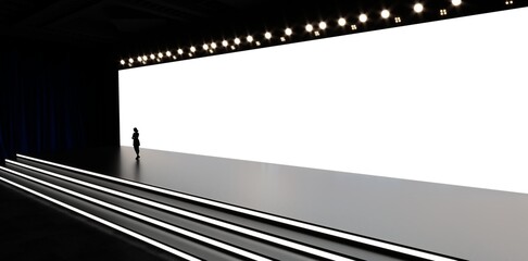 Stage event led night light staging in hall. Meeting event scene, party scene design. Empty stage design for mockup and corporate identity, display. Platform elements in hall. Conference Stage Designs