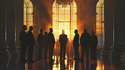 Silhouetted figures against grand, illuminated arch window. Opulent interior with chandelier. Golden sunset glow. Powerful group overlooking expansive view. Secret meeting ambiance