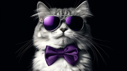 Cat Wearing Sunglasses and Purple Bow Tie Against Black Background, Stylish Pet Portrait Illustration. Generative ai