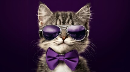 Stylish Cat Wearing Sunglasses and Bow Tie in a Purple Background - Cool Pet in Fashion Photography. Generative ai