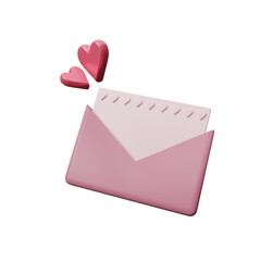 Pink mail envelope icon with flying hearts. Romantic love letter for Valentine's day concept. Love letter red heart origami on pink envelope isolated on transparent background. First love. 3d render