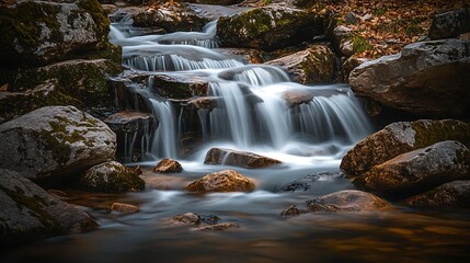 Fototapeta premium Serene Mountain Brook: Long Exposure Capture of Cascading Water Over Moss-Covered Rocks in Earthy Tones