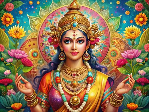 Vibrant depiction of a serene goddess with intricate gold jewelry, flowing robes, and flowers, set against a richly