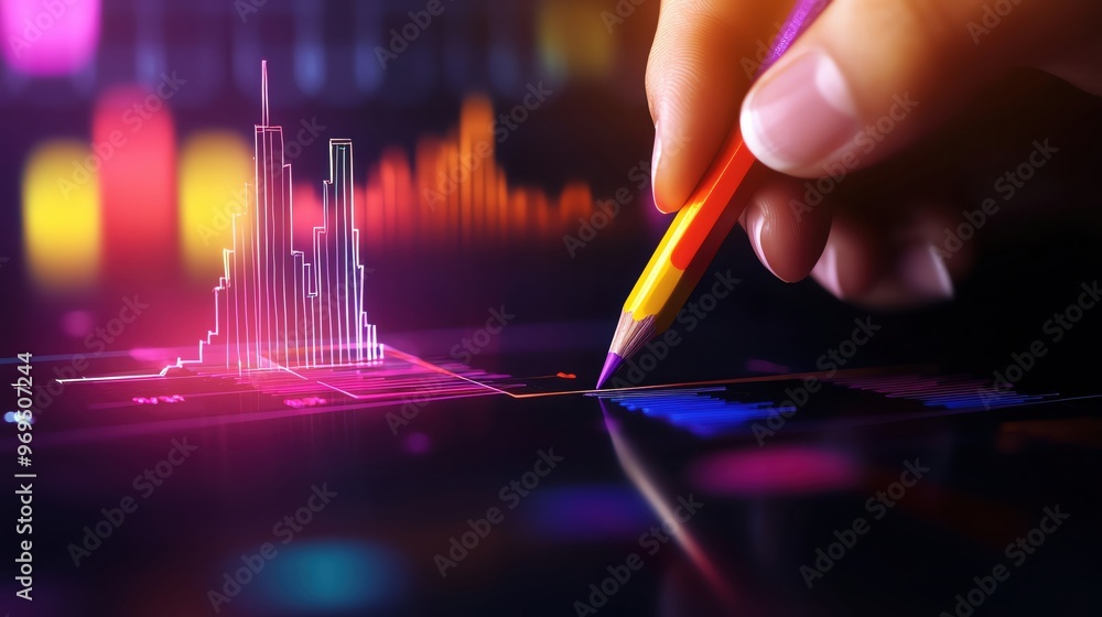 Poster a hand using a pencil to analyze colorful data visualizations on a digital screen, showcasing modern