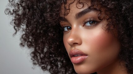 Fototapeta premium Close-up of a woman with curly hair styled in defined, bouncy curls, set against a plain backdrop to highlight the volume and natural texture.