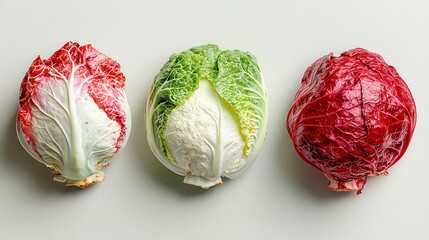 Obraz premium Vibrant Watercolor Collection of Diverse Cabbage Varieties, showcasing intricate textures and hues, perfect for botanical illustration or culinary art inspiration.