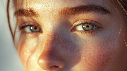 Fototapeta premium Close-up of a woman's beautiful face, with clear, glowing skin and a serene expression, highlighting her natural beauty and elegance.