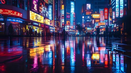 A vibrant stock photo capturing a bustling city street at night, illuminated by colorful neon signs and streetlights.