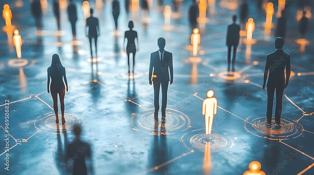 Poster silhouettes of people connected by digital lines, symbolizing networking and technology.