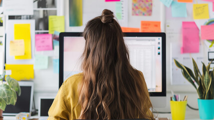 Back view of woman looking at computer screen, woman at work view from behind