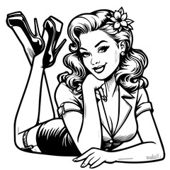pin up girl as secretary in line art style black vector