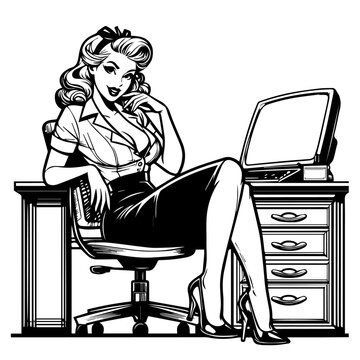 recommend clip art: classic pin up girl secretary, black and white line art vector