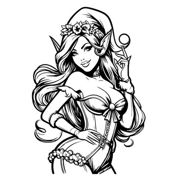 recommend clip art: enchanted pin up elf girl in minimalist line art style black vector