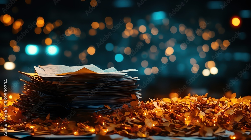 Poster a pile of papers illuminated by soft bokeh lights, creating a warm and inviting atmosphere for creat