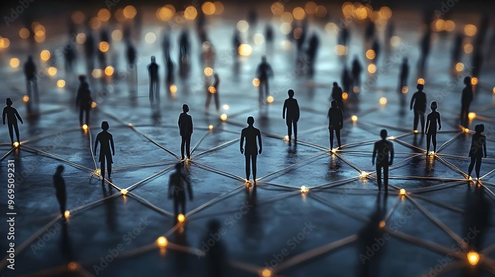 Poster silhouettes of people interconnected by glowing lines on a dark surface, symbolizing networking.