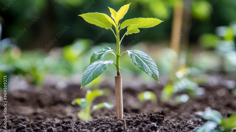 Poster close-up of a young tree with a small stake for support, being planted in a garden, highlighting the