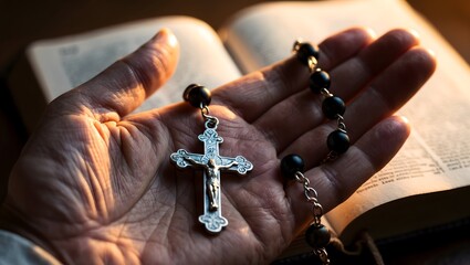 Close-up of a hand holding a silver crucifix and rosary beads resting on an open Bible, symbolizing faith and spirituality.