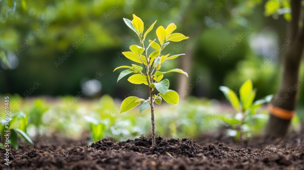 Poster close-up of a young tree with a small stake for support, being planted in a garden, highlighting the