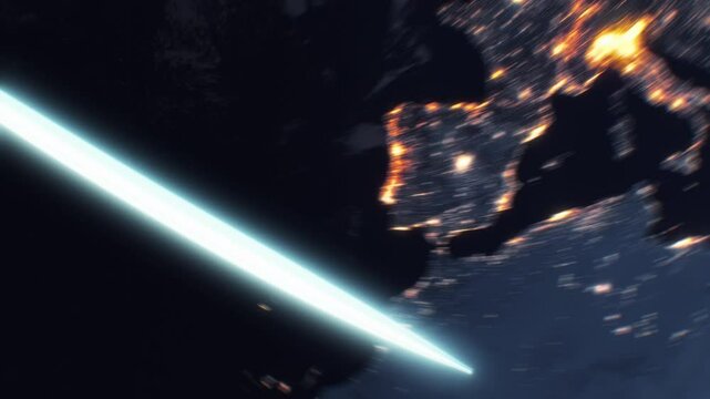 Fast Digital Lines Flying Around the Earth Seamless. Blue Strokes Moving Round the World Night Cities Light View from Space. Light Trails Looped 3d Animation. Technology Communications Concept 4k.