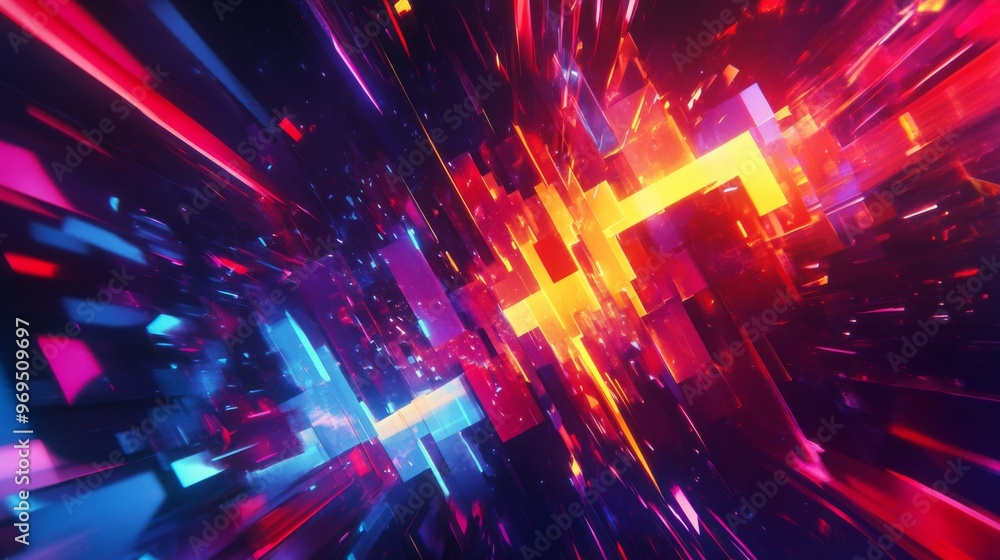 Poster close-up of an abstract background with a burst of bright, neon colors and geometric patterns, creat