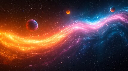 Vector design of a stylized abstract solar system with planets and orbits rendered in bold vibrant colors and dynamic lines creating a sense of cosmic energy