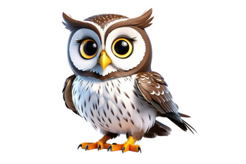 Cute owl cartoon, full body, 3D model, high quality, floating isolated on a white background, soft feathers visible, large expressive eyes, stance showcasing innocence