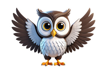 Cute owl cartoon, full body, 3D model, high quality, floating isolated on a white background, soft feathers visible, large expressive eyes, stance showcasing innocence