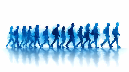 Silhouettes of people walking in blue tones, representing movement and progress.