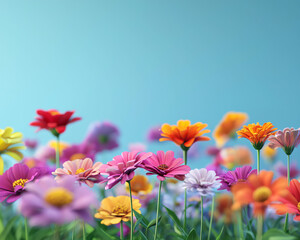 Fototapeta premium Vibrant blooms in colorful organic flower garden create cheerful atmosphere, showcasing variety of flowers in full array against soft blue background