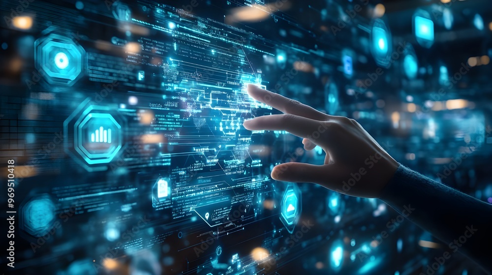 Poster a futuristic stock photo showing a human hand interacting with a virtual interface, with digital ico