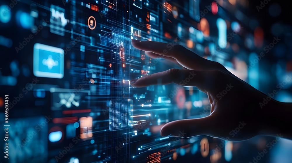Poster a futuristic stock photo showing a human hand interacting with a virtual interface, with digital ico