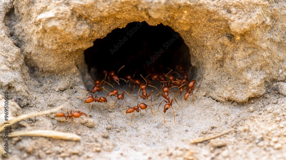 Poster Close-up of an ant nest with several ants emerging, focusing on the entrance and the busy activity of the ants as they move in and out.