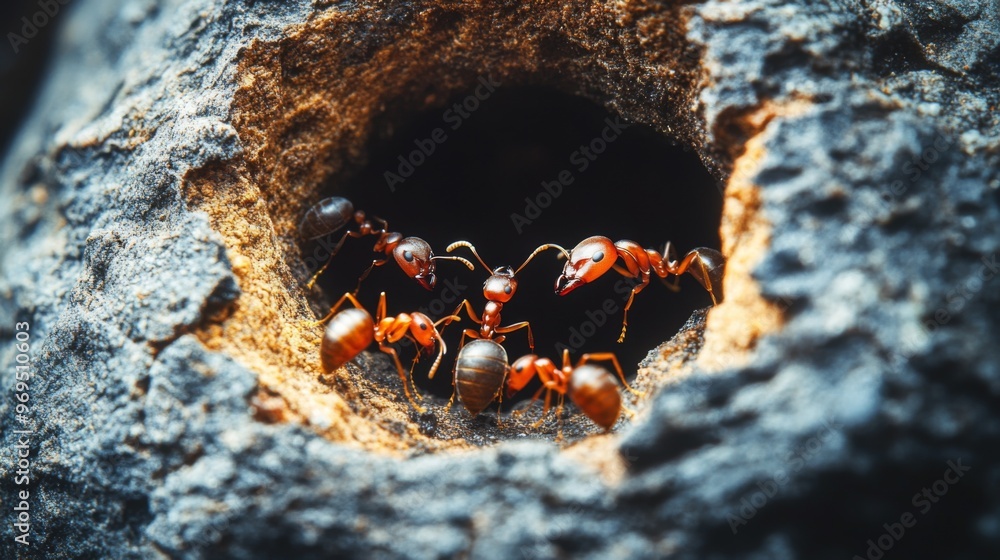 Aufkleber close-up of an ant nest with several ants emerging, focusing on the entrance and the busy activity o