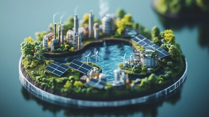 3D model of a ring encircling a miniature world with solar panels, factories emitting clean energy, and thriving nature, symbolizing the balance between industry and environment