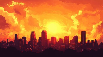 A dynamic orange sunset over a city skyline, with the buildings silhouetted against the fiery sky.