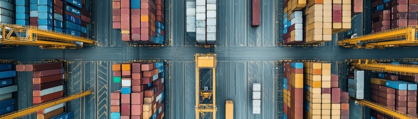 Fototapeta premium Aerial View of Shipping Containers and Cranes at a Cargo Terminal