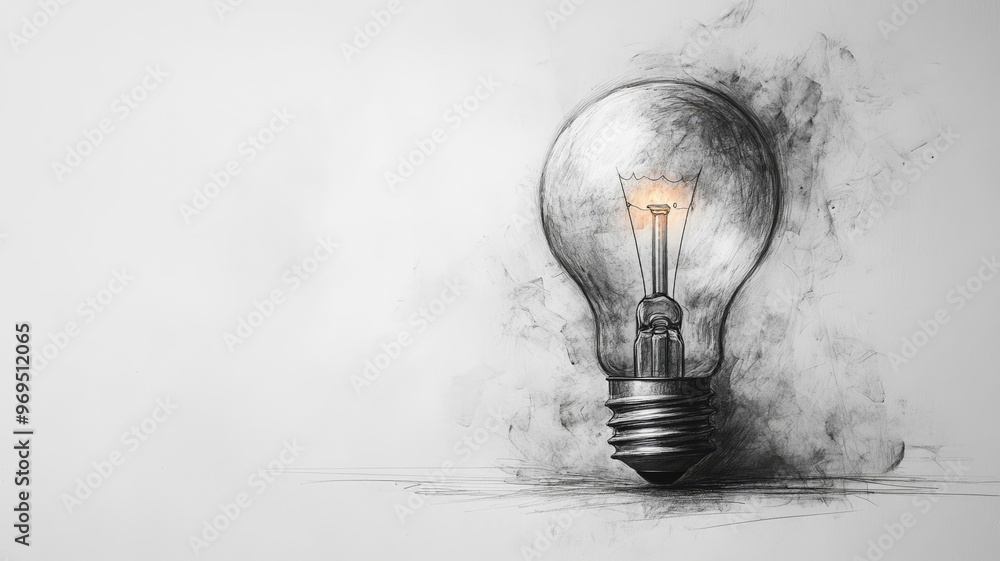 Poster sketch of a light bulb with glowing filament on textured background, creativity and inspiration conc