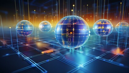 Obraz premium A futuristic digital landscape with glowing spheres and vibrant network connections, symbolizing technology and connectivity.