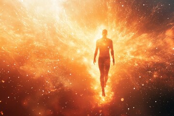 Fototapeta premium Silhouette of Person Walking Through Fire and Light