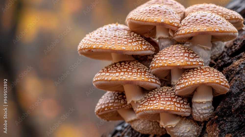 Poster close-up of shiitake mushrooms growing on a log or substrate, highlighting their natural growing env